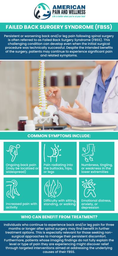 After back surgery, some individuals may continue to feel discomfort following a thorough evaluation and effective treatment. This ongoing discomfort or symptomology is known as a failed back syndrome, which might make it difficult for you to carry out regular activities. At American Pain and Wellness, our doctor, Dr. Steven L. Remer, M.D., can help you to manage your pain. For more information, please contact us or book an appointment online. We have convenient locations to serve you in Allen TX and Plano TX.