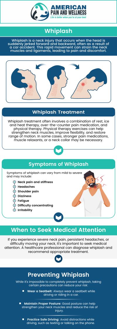 A person with whiplash can make a quick recovery with the right professional care. We offer this care here at American Pain and Wellness, your local whiplash treatment clinic! Even if your recovery will take a while, we’ll be here for you and able to help. We have two convenient locations to serve you in Allen TX and Plano TX. For more information, please call us or request an appointment online. A person with whiplash can make a quick recovery with the right professional care. We offer this care here at American Pain and Wellness, your local whiplash treatment clinic! Even if your recovery will take a while, we’ll be here for you and able to help. We have two convenient locations to serve you in Allen TX and Plano TX. For more information, please call us or request an appointment online.